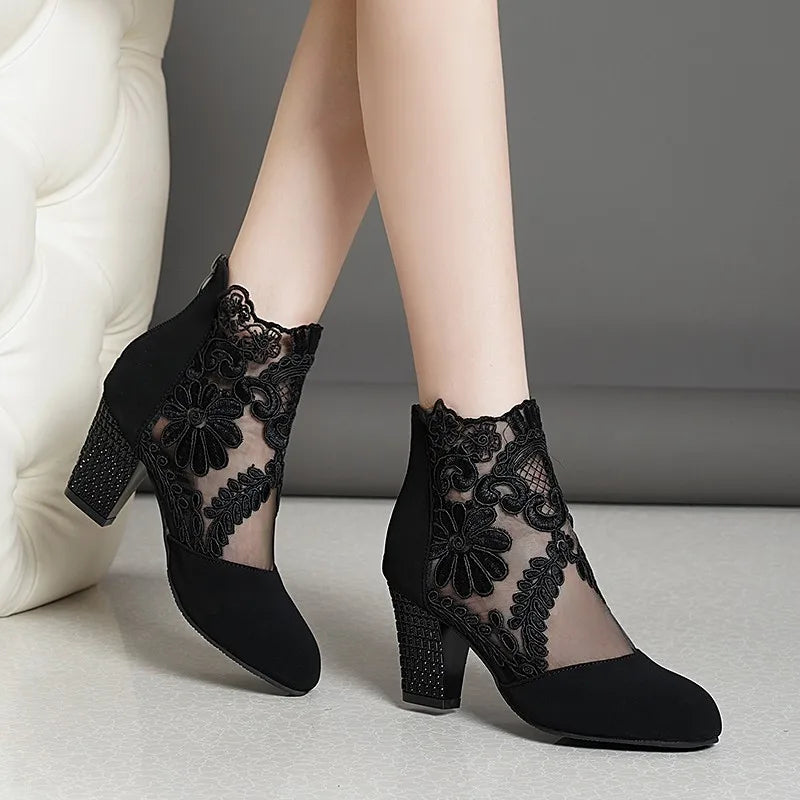 Women’s Spring Lace Boots – Fashion High Heels Ankle Shoes with Round Toe, Plus Size Available