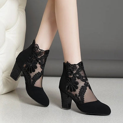 Women’s Spring Lace Boots – Fashion High Heels Ankle Shoes with Round Toe, Plus Size Available