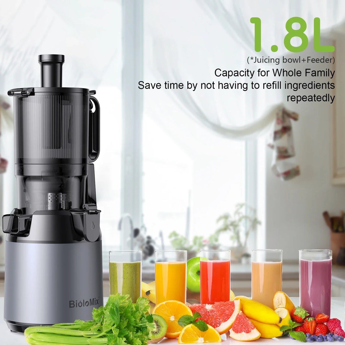 BioloMix Cold Press Juicer — 130mm Feed Chute, Whole Fruit & Veg, High Yield BPA-Free Slow Masticating Juicer