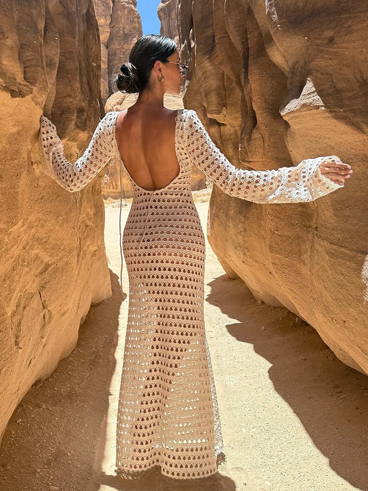 Women’s Sexy Knit Mesh Backless Maxi Dress – Bell Sleeve Summer Beach Cover Up Slim Fit Vacation Tunic Outfit 2026
