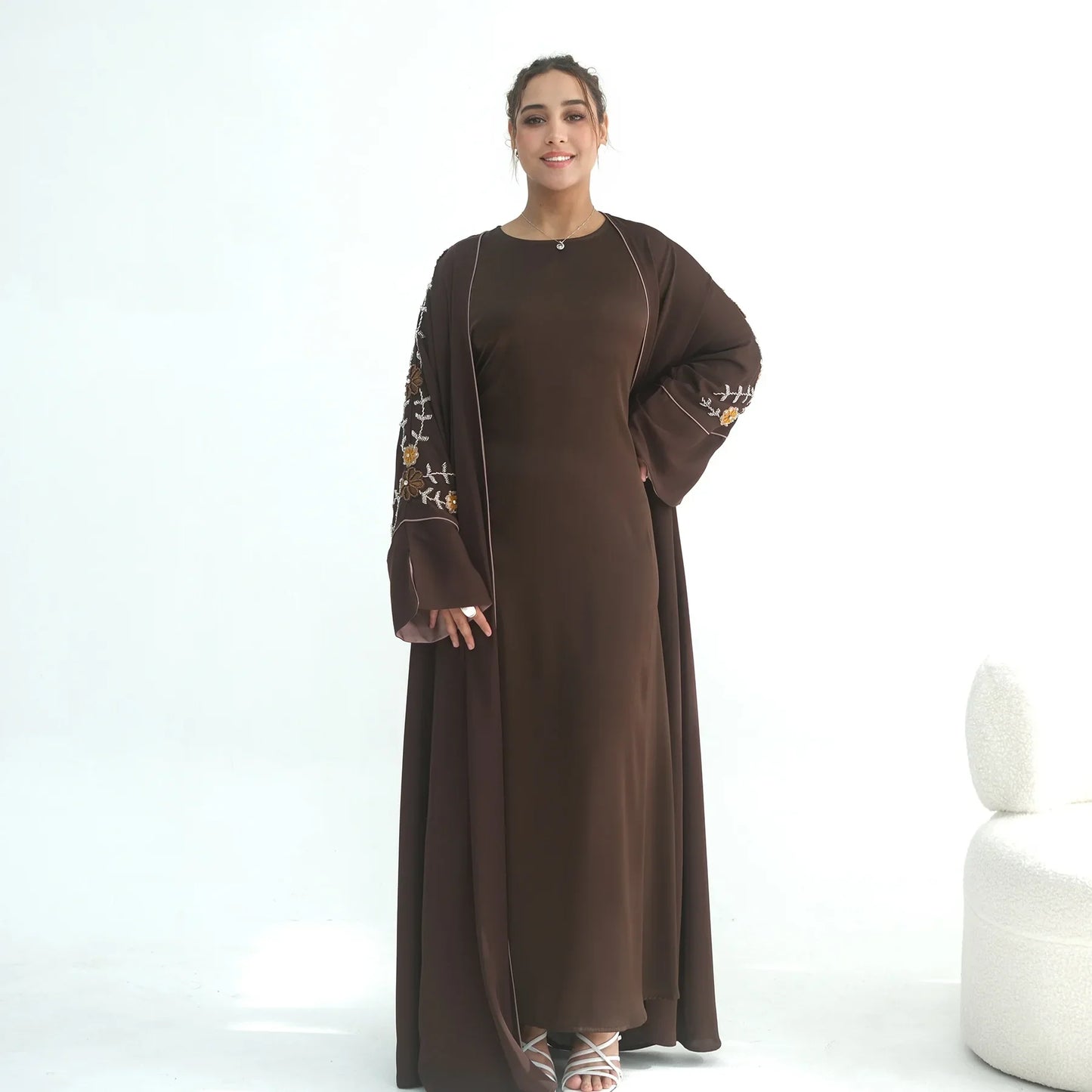 Women’s Eid 2026 Embroidered Beaded Abaya – Dubai Open Cardigan Jalabiya Long Muslim Kaftan Ramadan Party Robe