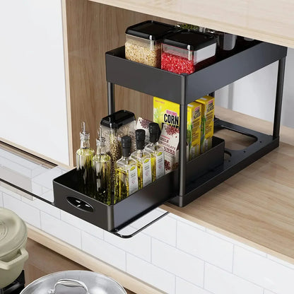 2-Tier Under Sink Organizer - Sliding Cabinet Basket with Hooks, Hanging Cup for Bathroom and Kitchen Storage