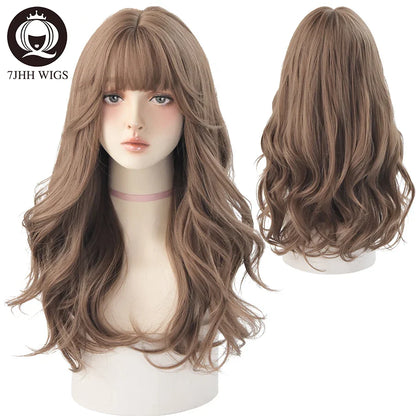 7JHH Brown Ash Long Deep Wave Lolita Wig for Women — Synthetic Hair with Bangs, Thick Curly Fashion Wig