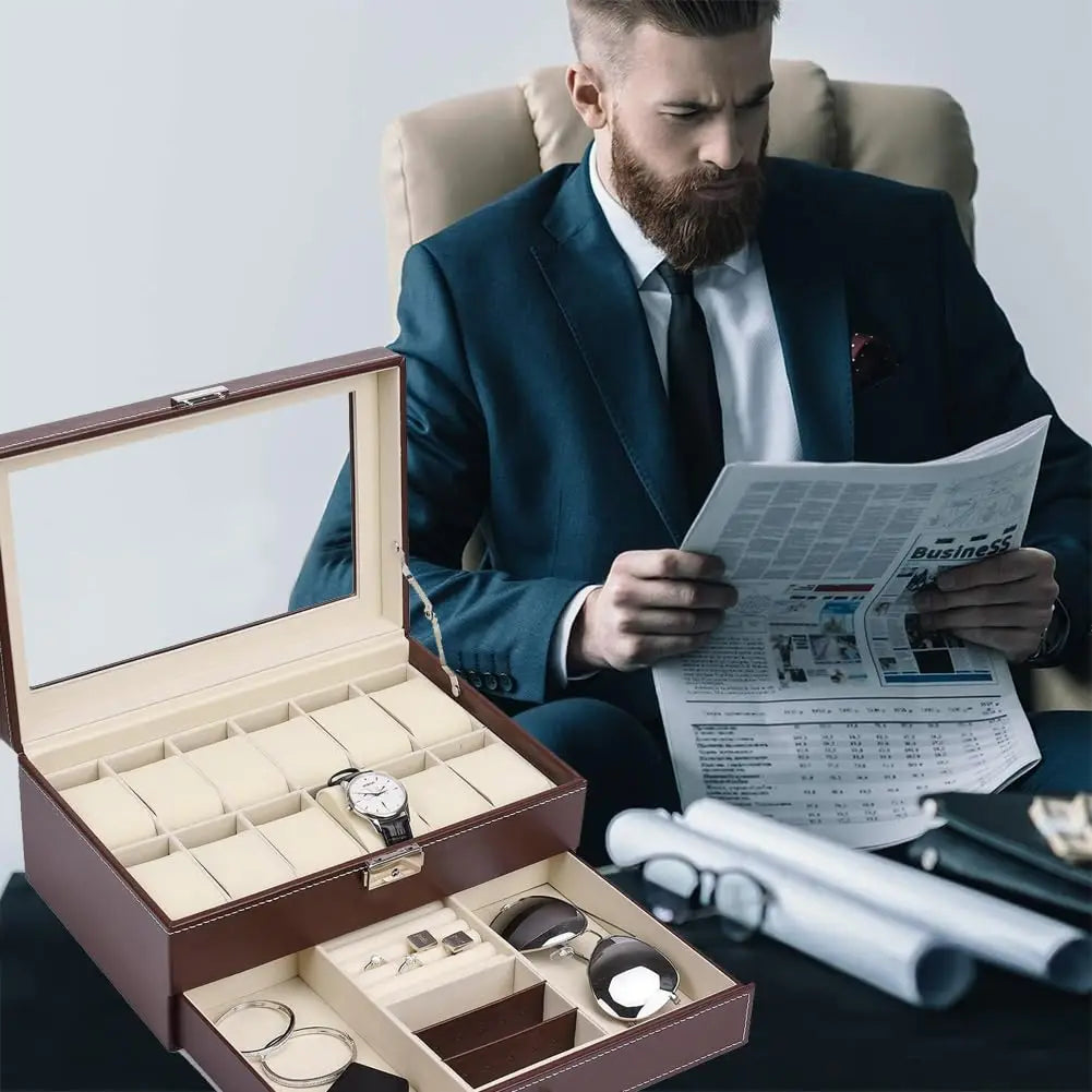 2024 12-Slot Leather Watch Storage Box — Lockable 2-Tier Organizer & Jewelry Display Drawer for Men & Women