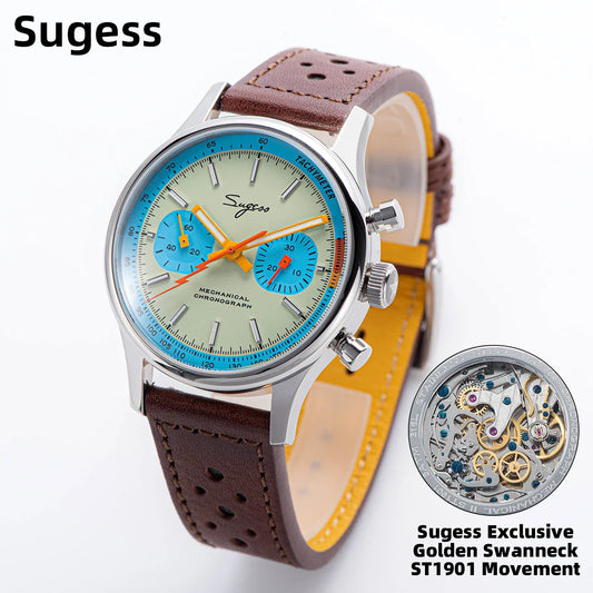 Sugess Pilot Men’s Chronograph Watch — Original ST1901 Mechanical Movement, Sapphire Crystal, Waterproof Racing Strap