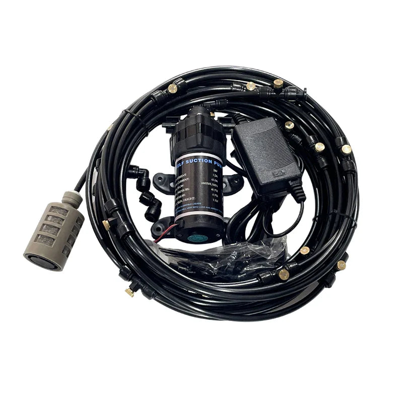 24V Quiet Misting Kit – Low Pressure Pump Spray System with Fog Nozzles for Dust Removal, Cooling & Humidification Watering System