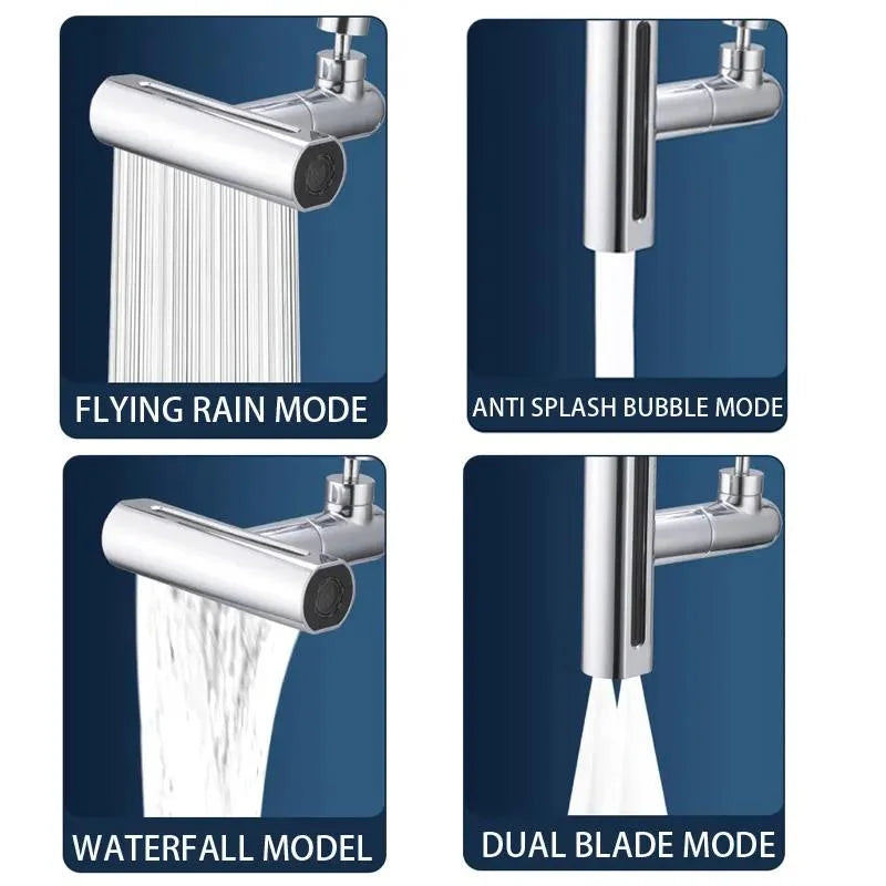 720° Swivel Waterfall Kitchen Faucet with 4 Modes - Universal Spout Sprayer for Bathroom Basin. Rainfall Sink Mixer & Tap Extender