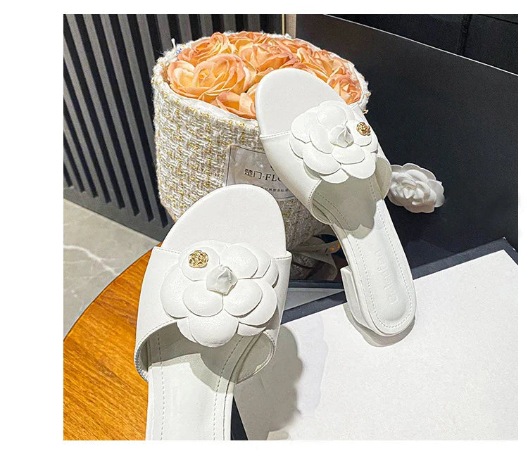 Luxury Women’s Flower Slippers — Camellia Open-Toe Slides for Home & Outdoor, Ladies Flip Flop Sandals