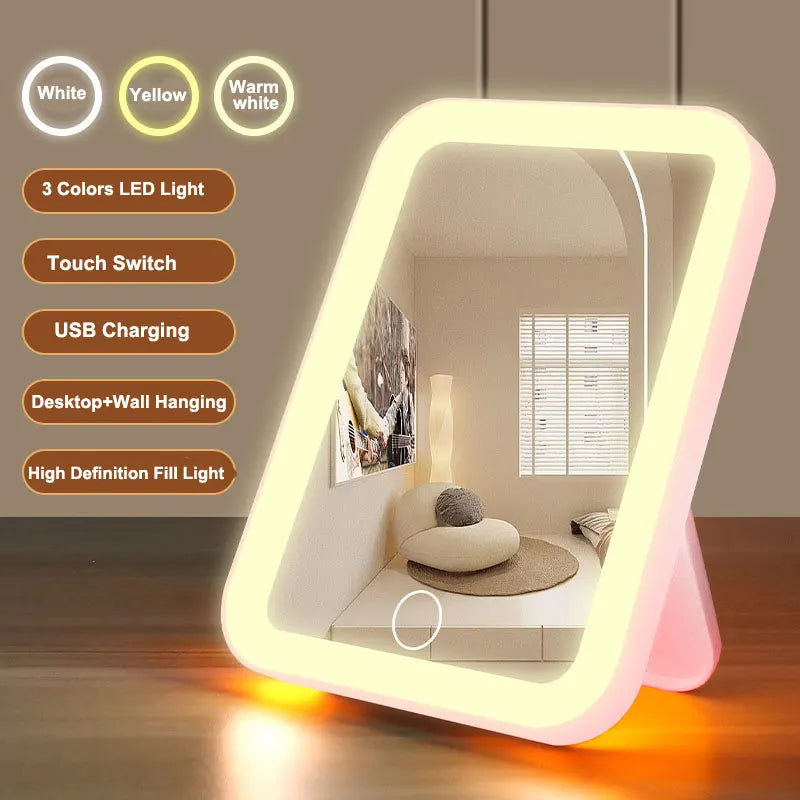 3-Color LED Vanity Mirror – Touch Screen, USB Rechargeable, Dimmable Makeup Mirror with Adjustable Brightness, Portable