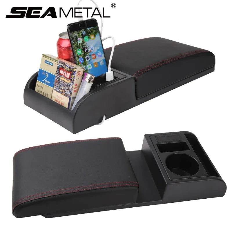 SEAMETAL Car Armrest Box Cushion – Adjustable Soft Elbow Support with USB Charging & Cup Holder Universal Interior Accessory