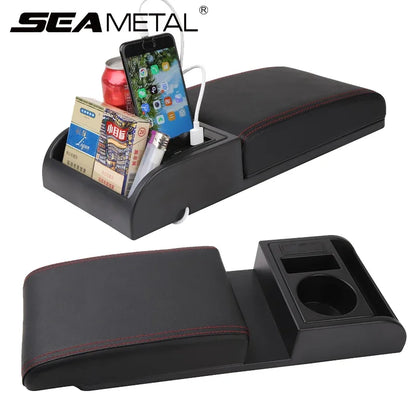 SEAMETAL Car Armrest Box Cushion – Adjustable Soft Elbow Support with USB Charging & Cup Holder Universal Interior Accessory