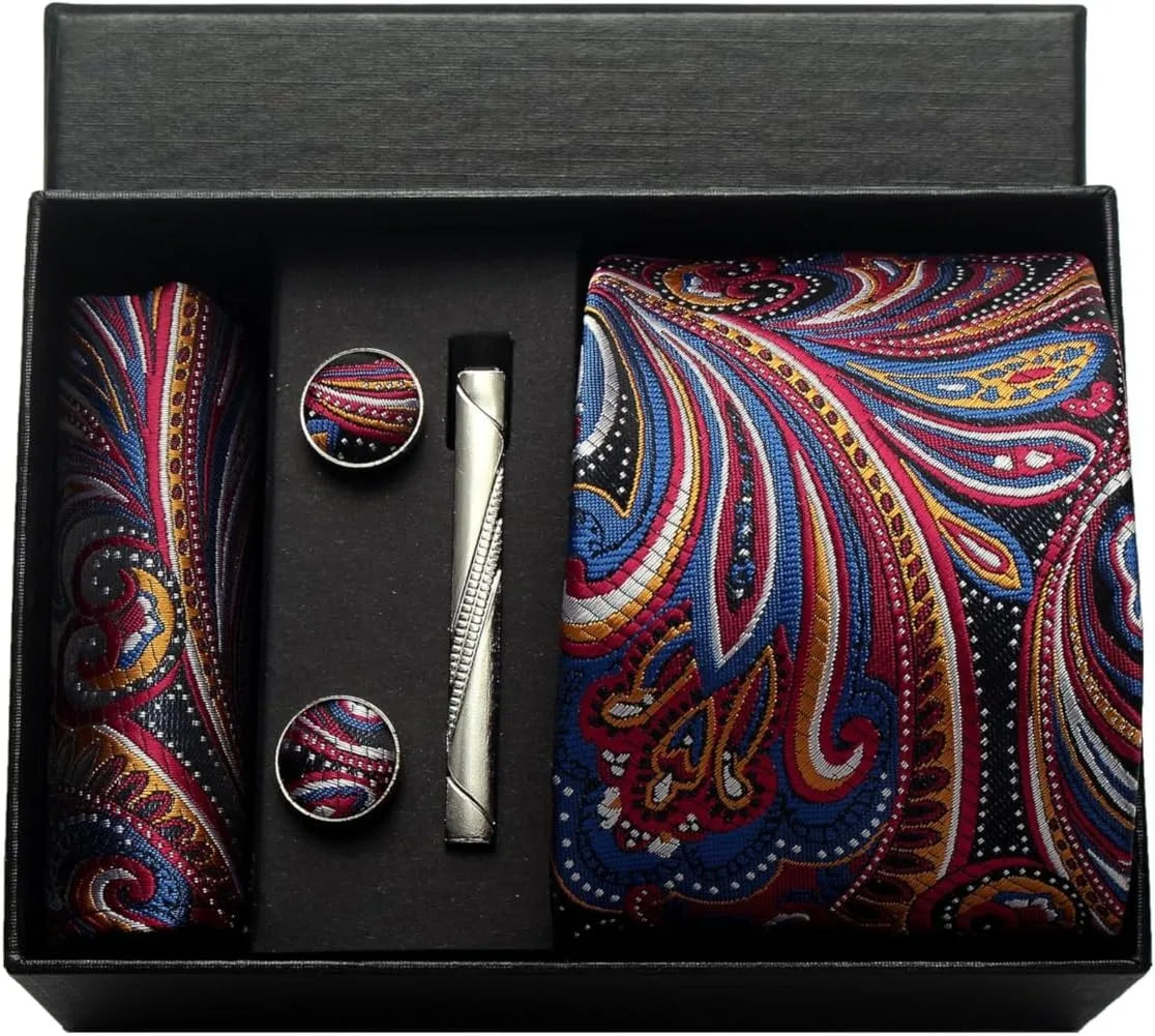 100% Silk Paisley Floral Necktie Set for Men - Premium Business Tie with Pocket Square Tie Clip Cufflinks Gift Box