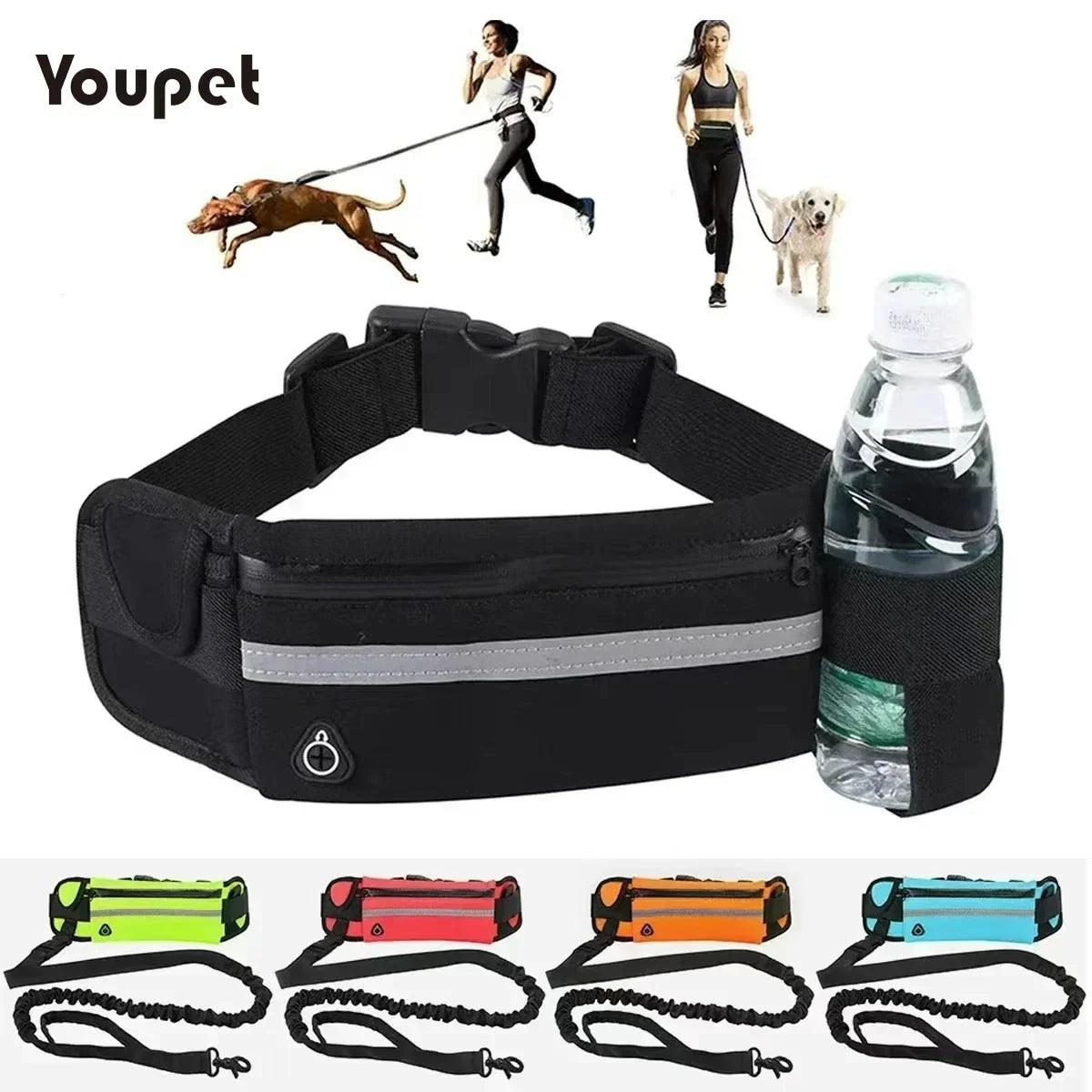 Reflective Hands-Free Dog Running Waist Leash Nylon Elastic Adjustable Pet Traction Belt with Waist Bag Retractable Control for Running & Walking