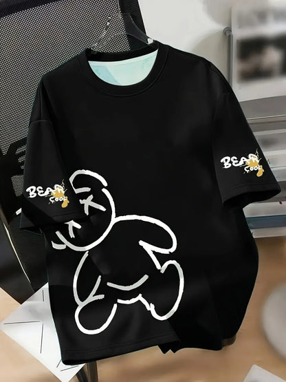 Men's Cartoon Bear Print T-Shirt - Breathable Round Neck Casual Summer Tee