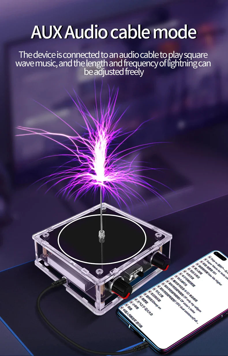 Music Tesla Coil Bluetooth/AUX – Dual Mode Music Box with Touchable Artificial Lightning, Audio Input for Science Experiments