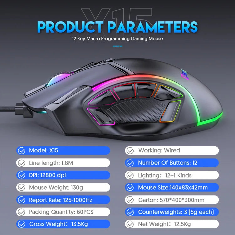 12800DPI RGB Gaming Mouse – Free Weight Macro with 12 Programmable Keys, 6-Level RGB Light for PC, Mac, PUBG, Laptop