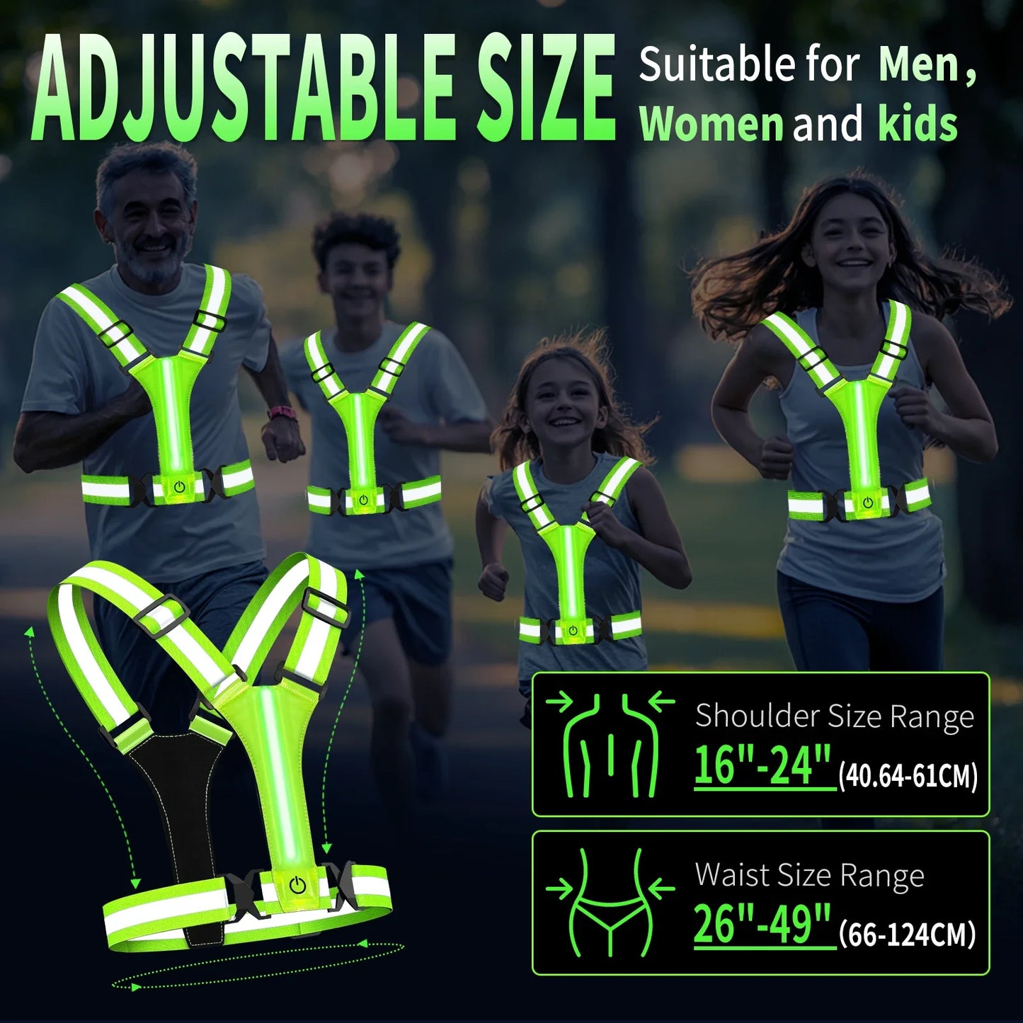 LED Running Vest – USB Rechargeable Reflective Glowing Straps for High Visibility Night Running & Cycling, Elastic Safety Band