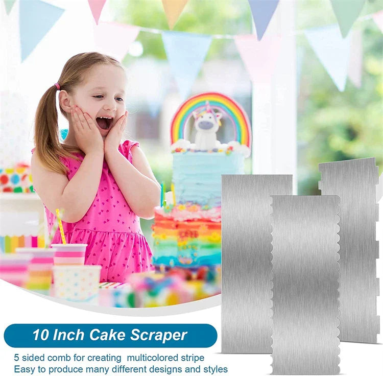 LMETJMA 10" Stainless Steel Cake Scraper – Double-Sided Patterned Edge Smoother & Pastry Cutter JT160