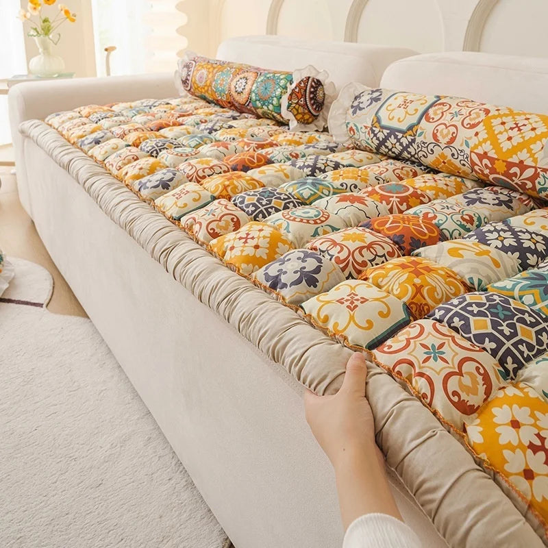 Cotton Floral Sofa Cover - Anti-Slip Couch Cushion & Tatami Furniture Protector