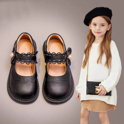 Girls Soft Leather Shoes - Beige Single Shoes with Flexible Bottom, Sizes 23-36
