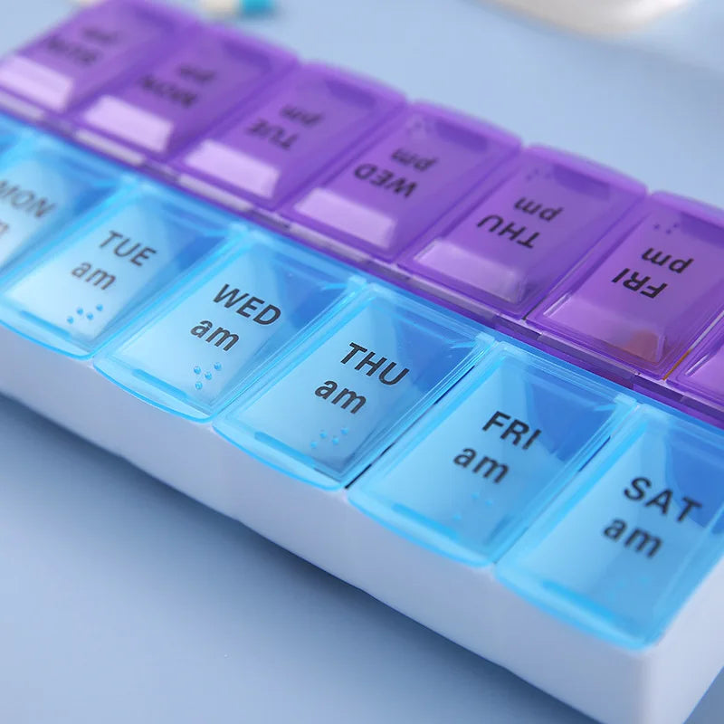 Weekly 14-Grid Pill Box – Portable 7-Day Organizer for Tablets, Vitamins & Medicine Storage Container