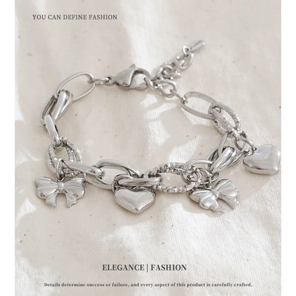 NiNice Stainless Steel Heart & Bow Pendant Bracelet – Romantic DIY Fashion Jewelry Gift for Women, Elegant Trendy Design