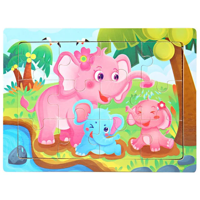 30PCS Montessori Wooden 3D Cartoon Animal Puzzle – Educational Jigsaw Board Game for Kids