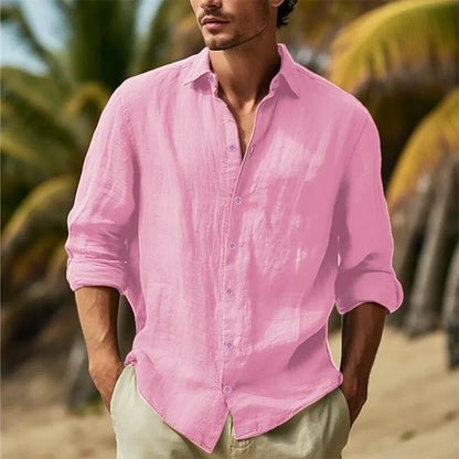 Men’s Cotton Linen Hawaiian Shirt – Solid White Turn-Down Collar Lightweight Breathable Casual Streetwear Large Size
