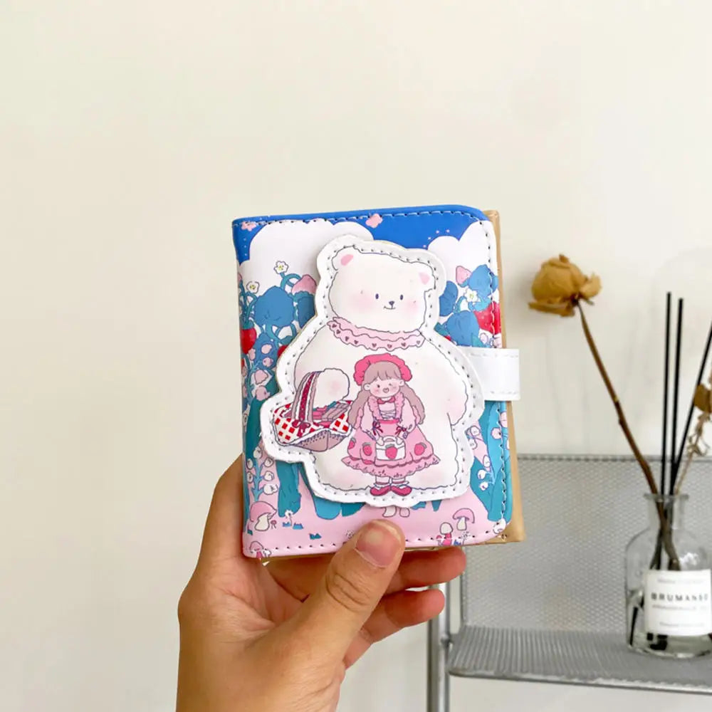 Cute Bear Women’s Wallet — Short Leather Coin Purse, Cartoon Card Holder, Three-Fold Clutch for Students