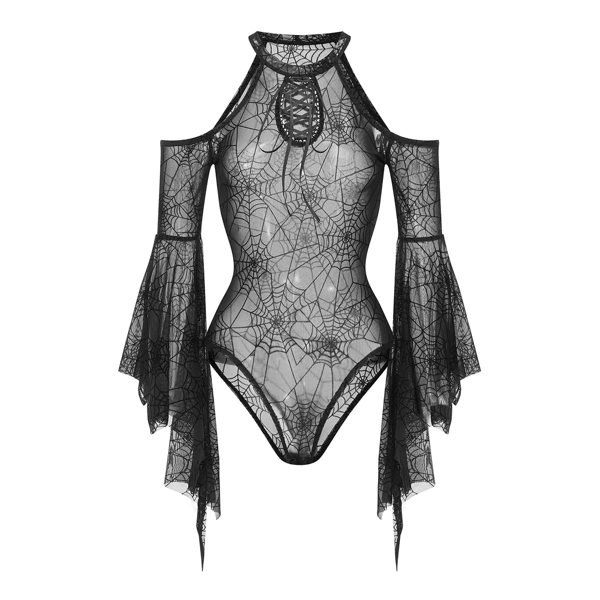 Halloween Women's Bodysuit — Long Sleeve Cold Shoulder Spider Web Romper, Sheer Clubwear Top