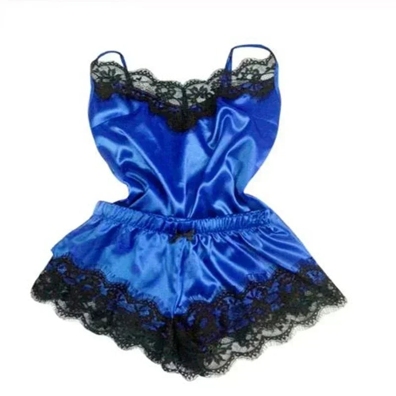 Women’s Summer Lace Silk Pajama Set – Sexy Cami Top & Shorts Sleepwear Lingerie Comfortable Soft Casual Nightwear Pijamas