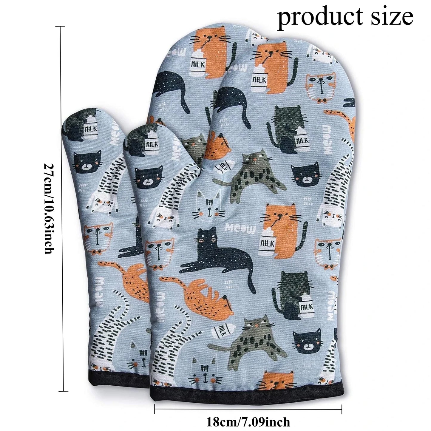 2PCS Cat Print Microwave Oven Mitts – Thickened Heat-Resistant Soft Cotton Gloves for Baking & Kitchen Use