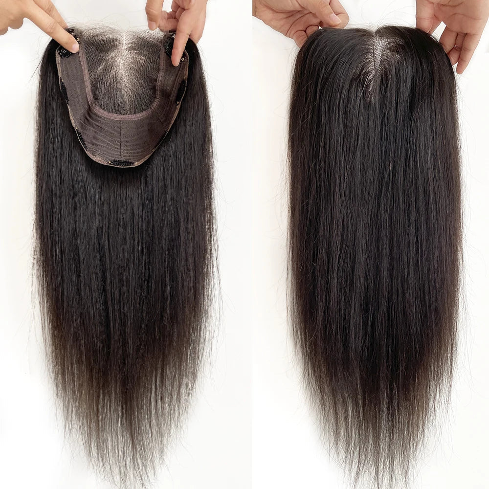 Virgin Human Hair 8x8 Inch Wefted Topper – 4x4 Inch HD Lace Base, Natural Black & Brown Hair Clips, Hairpiece for Women