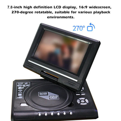7.8" Portable TV DVD Player – 16:9 Widescreen, 270° Swivel LCD, VCD/CD/MP3, Game Function for Car & Home