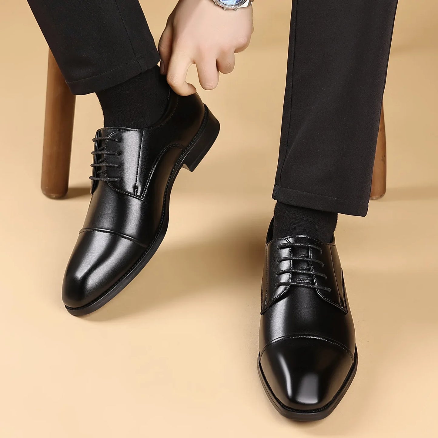 Men’s Classic Leather Oxford Shoes - Square Toe Three-Joint Business Office & Casual Dress Shoes