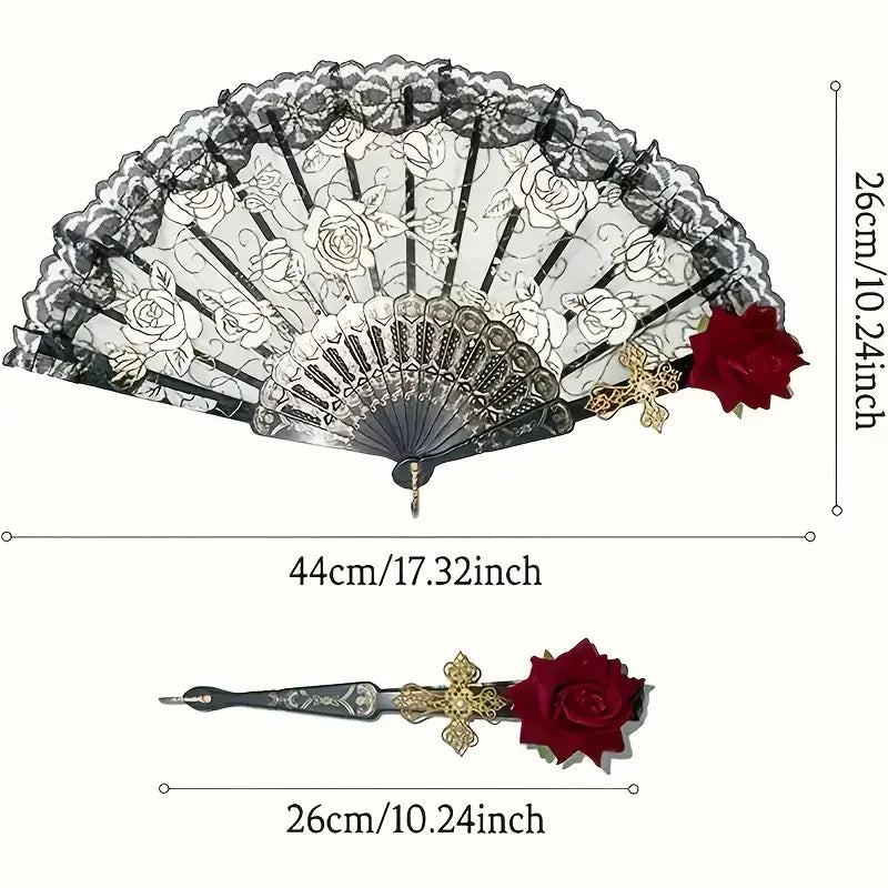 Vintage Spanish Flamenco Rose Lace Folding Fan - Elegant Handheld Fan for Weddings & Parties