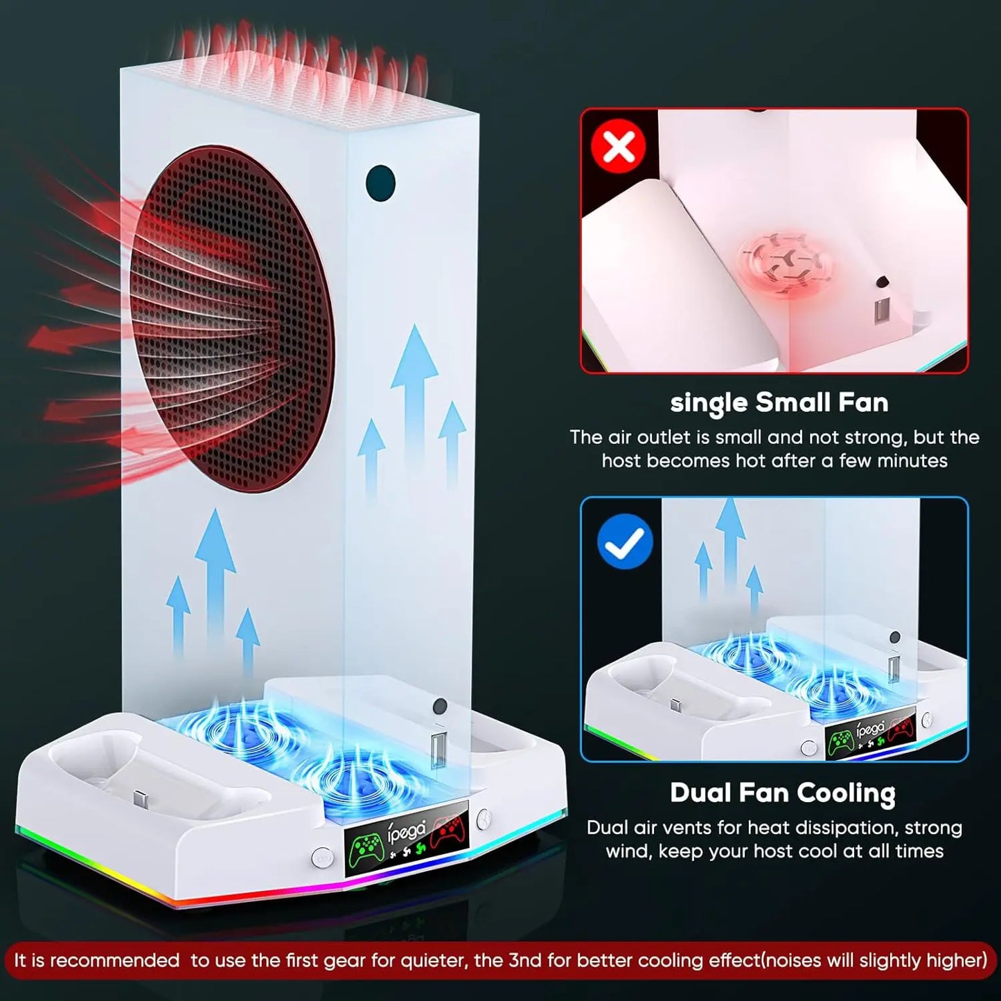 IPEGA Cooling Fan Stand for Xbox Series S – Controller Charging Dock with 15 RGB Lights, Headset Hook, and Charging Station