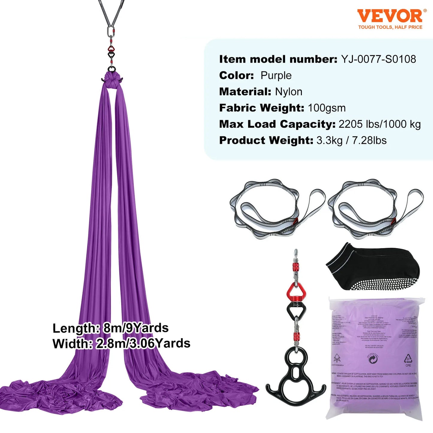 SucceBuy 8.7/11 Yards Aerial Yoga Hammock & Swing Starter Kit – Aerial Silk Fabric Yoga Strap Accessory for All Fitness Levels