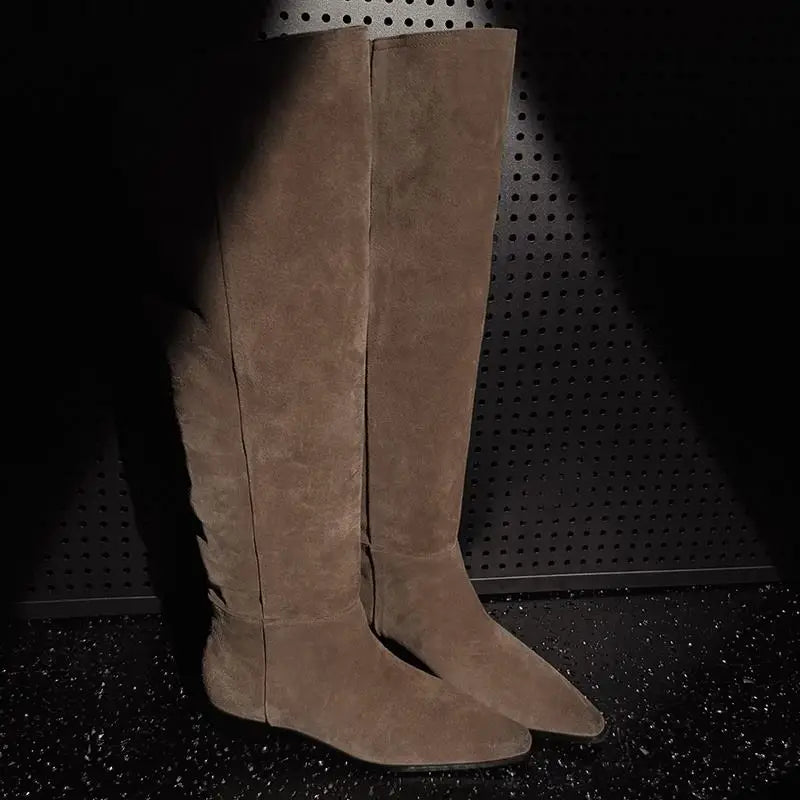 MORAZORA Women’s Cow Suede Knee-High Boots – Pointed Toe, Low Square Heel, Autumn Winter Long Boots, Size 34-41