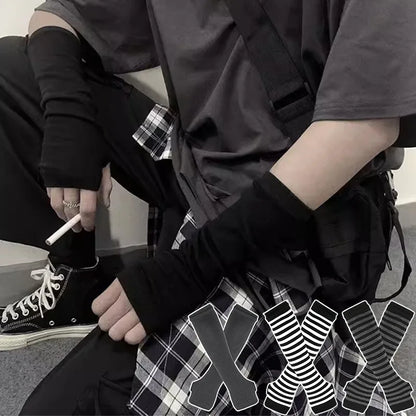 Punk Long Arm Fingerless Gloves – Adjustable Elastic Stripe Nylon Winter Arm Covers, Protective Cool Sleeves Mittens for Men & Women