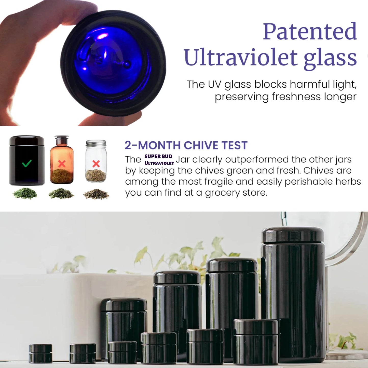 Airtight UV Glass Jar — Smell-Proof 1/2oz-1L Container with 2-Way 62% Humidity Pack to Keep Goods Fresh