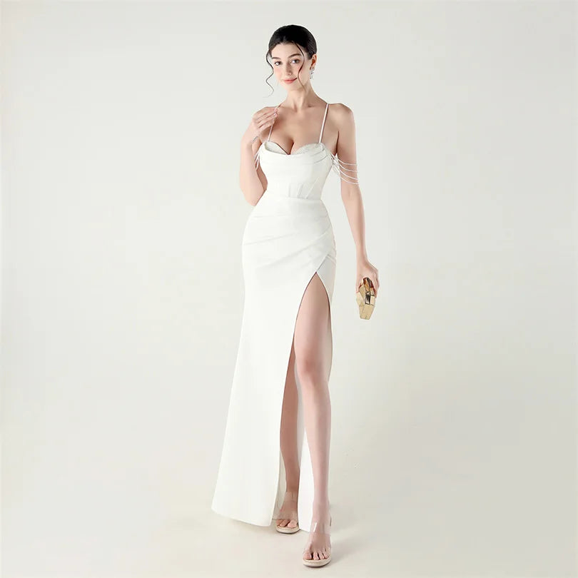 DEERVEADO Women’s Satin Strap Evening Dress — Beaded Sexy Mermaid Slit Long Formal Party Gown