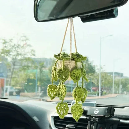 Cute Crochet Potted Plants Car Basket – Hanging Car Decor & Rear View Mirror Ornament Accessories