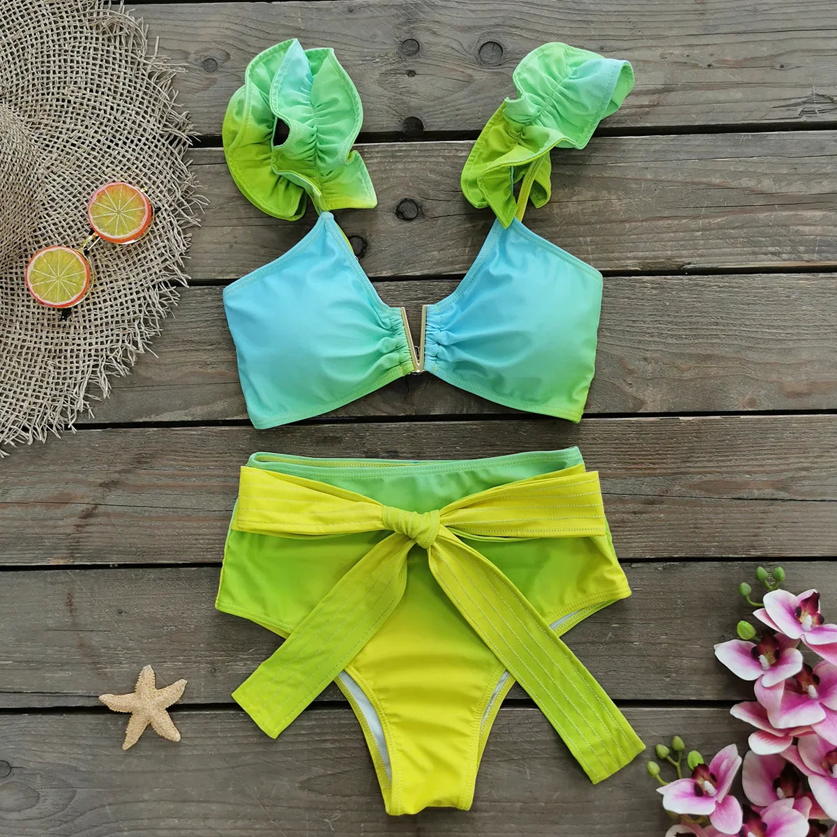 Sporlike V-Neck Ruffled Bikini Set – High Waist Sexy Printed Two-Piece Swimsuit for Women 2025