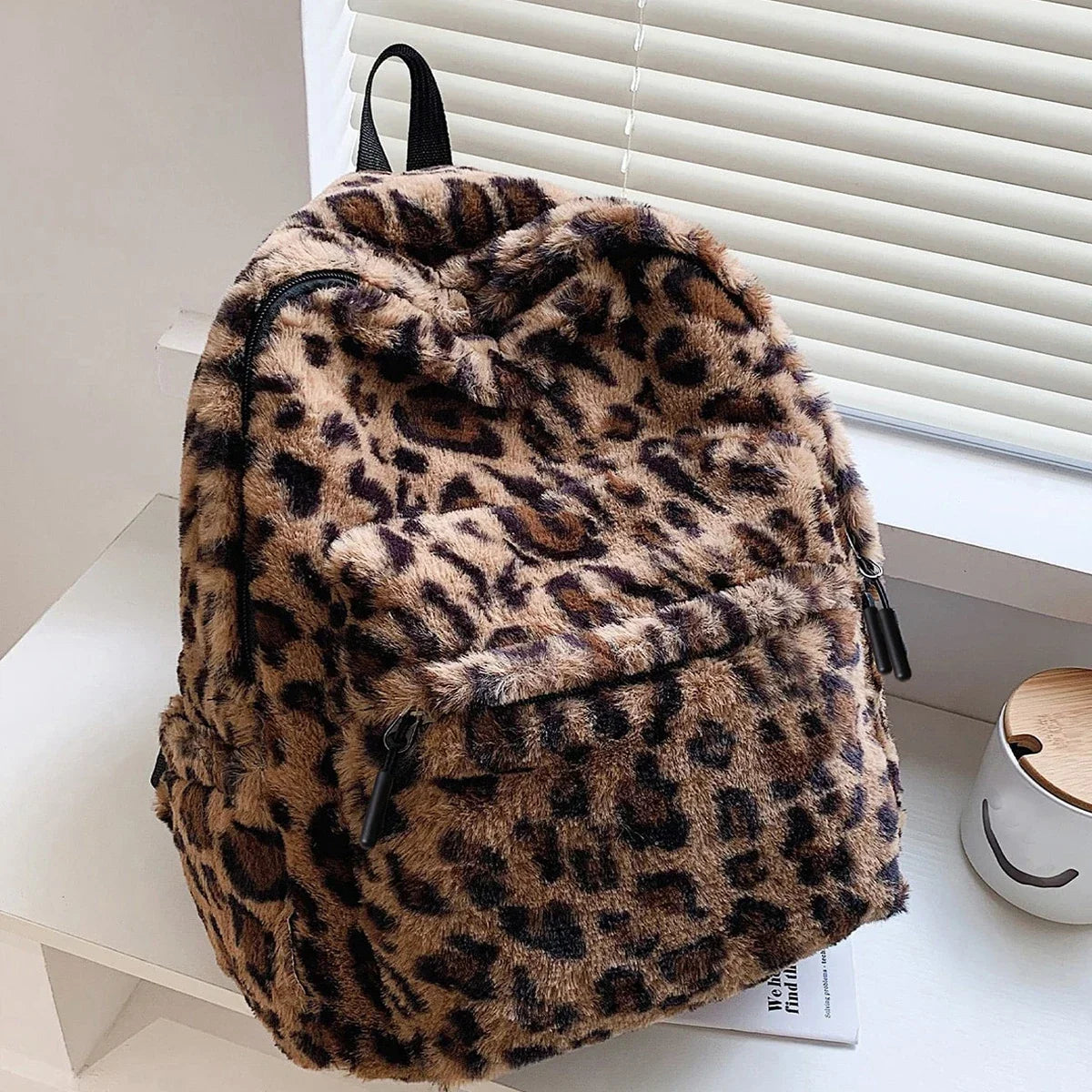 Women's Leopard Plush Backpack - Large Capacity Multi-Pocket Commuter Bag