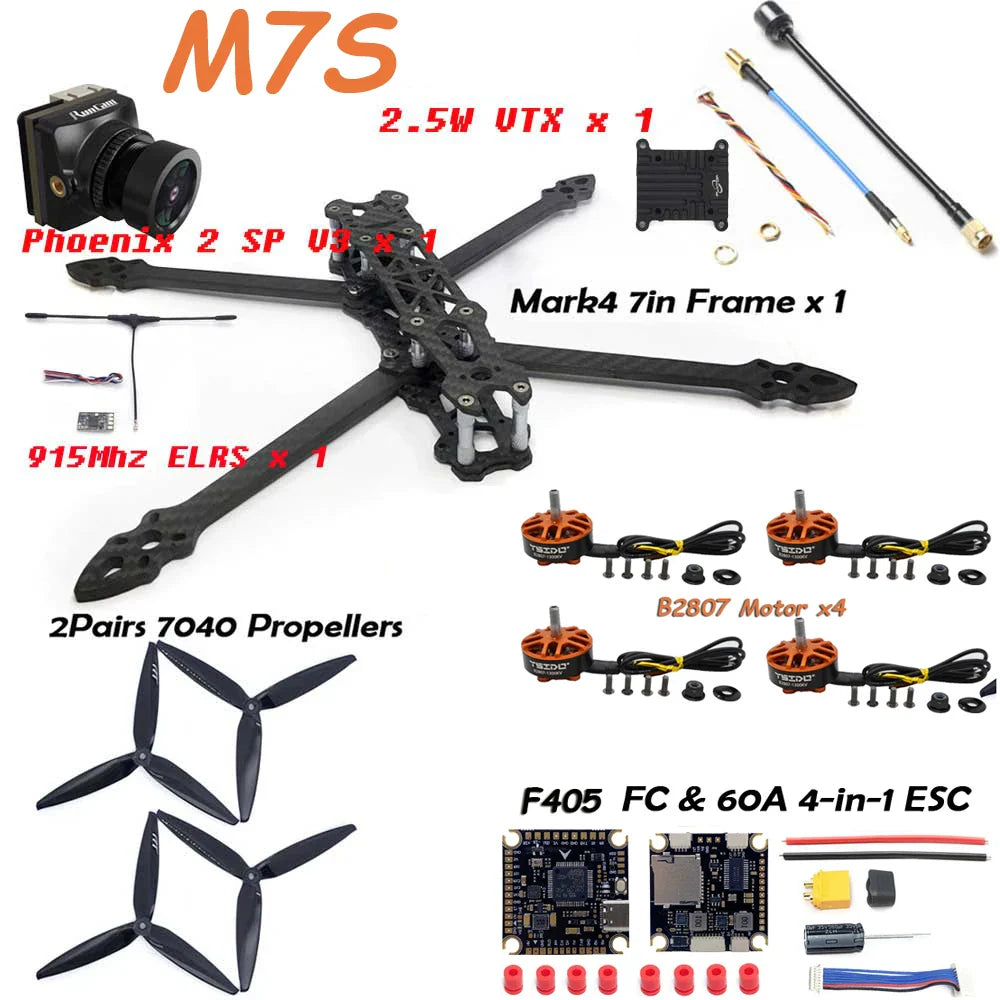 MARK4 7" Carbon Fiber FPV Drone Kit — B2807 Brushless Motors, F405 FC, 60A ESC, 7040 Props & 2.5W VTX Camera (DIY)