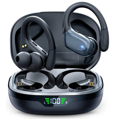 Bluetooth 5.3 True Wireless Earphones with Mic, Noise Reduction, Waterproof Sport Headset with Earhooks