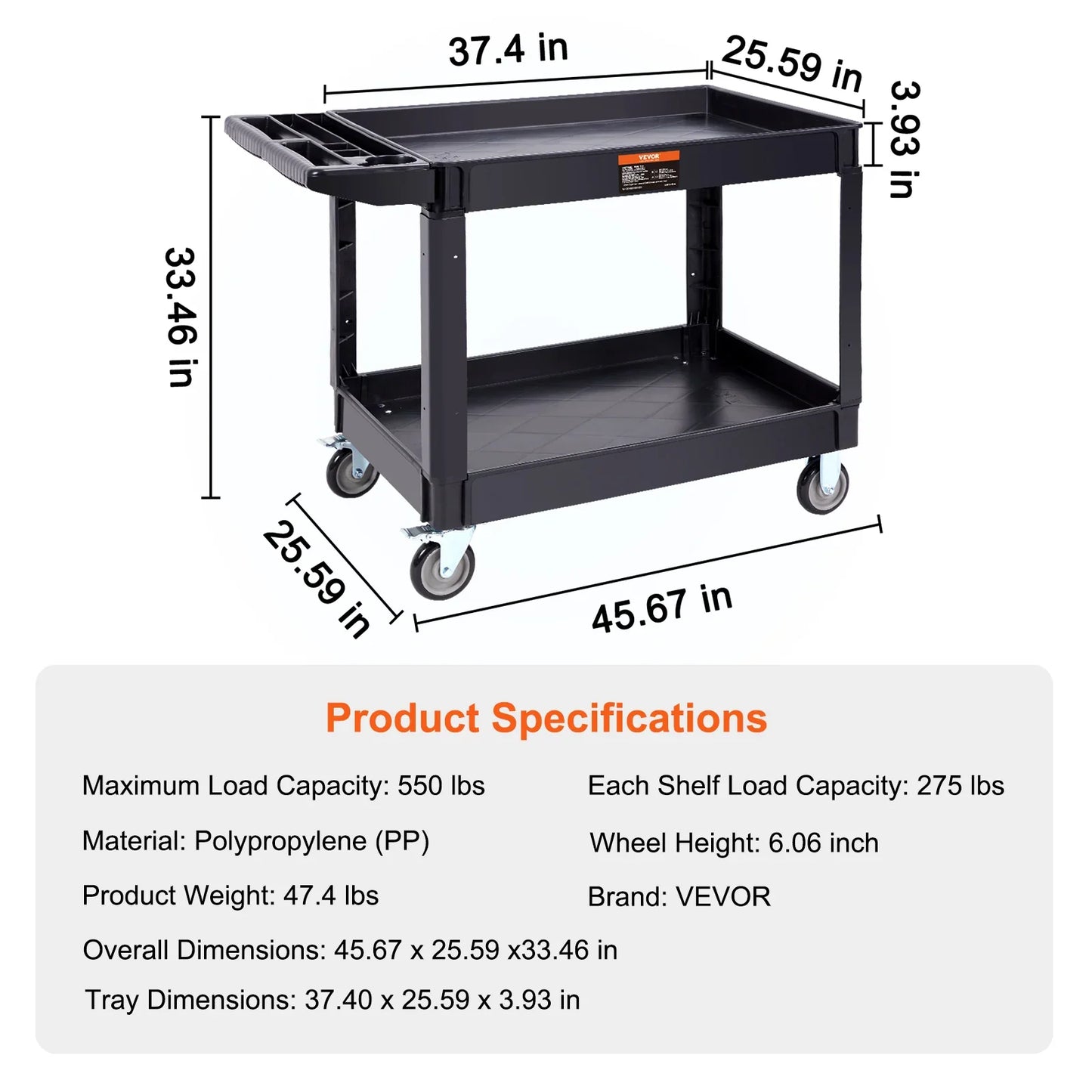VEVOR 2/3 Shelf Heavy Duty Utility Service Cart with 360° Swivel Wheels – Ergonomic Storage Handle for Warehouse, Garage, Cleaning