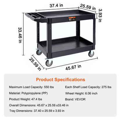VEVOR 2/3 Shelf Heavy Duty Utility Service Cart with 360° Swivel Wheels – Ergonomic Storage Handle for Warehouse, Garage, Cleaning
