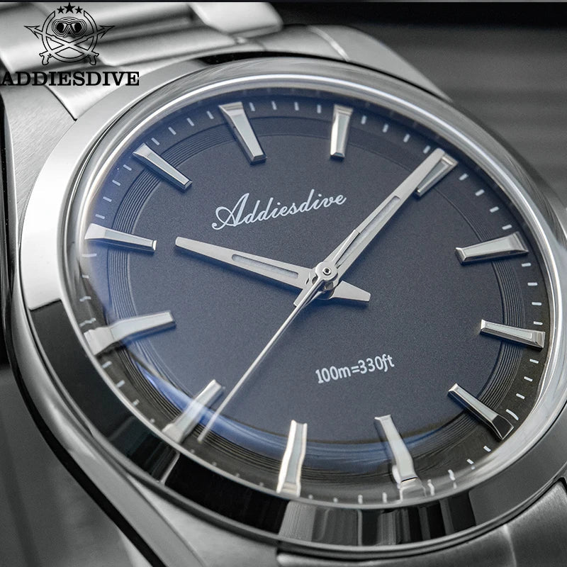 ADDIESDIVE 36MM Men's Stainless Steel Quartz Watch — Luxury Bubble Mirror Glass, 100M Waterproof Timepiece AD2066